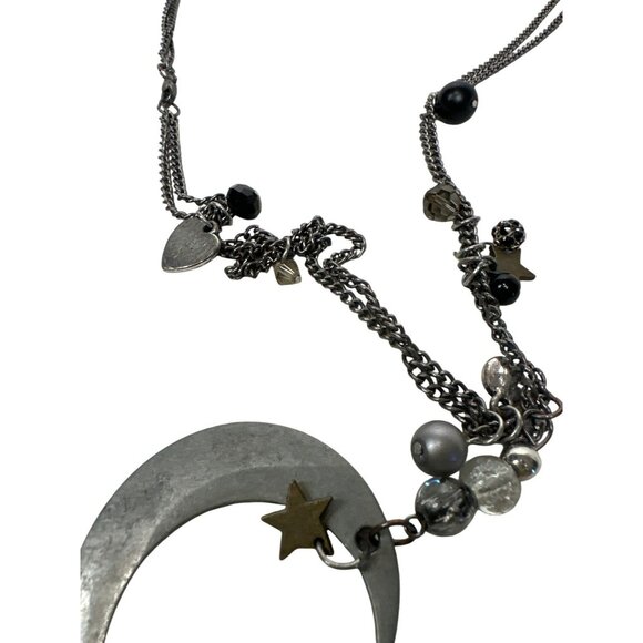 Silver-Tone Crescent Moon Pendant Necklace Celestial Witchy Stars Boho Style - Picture 3 of 3